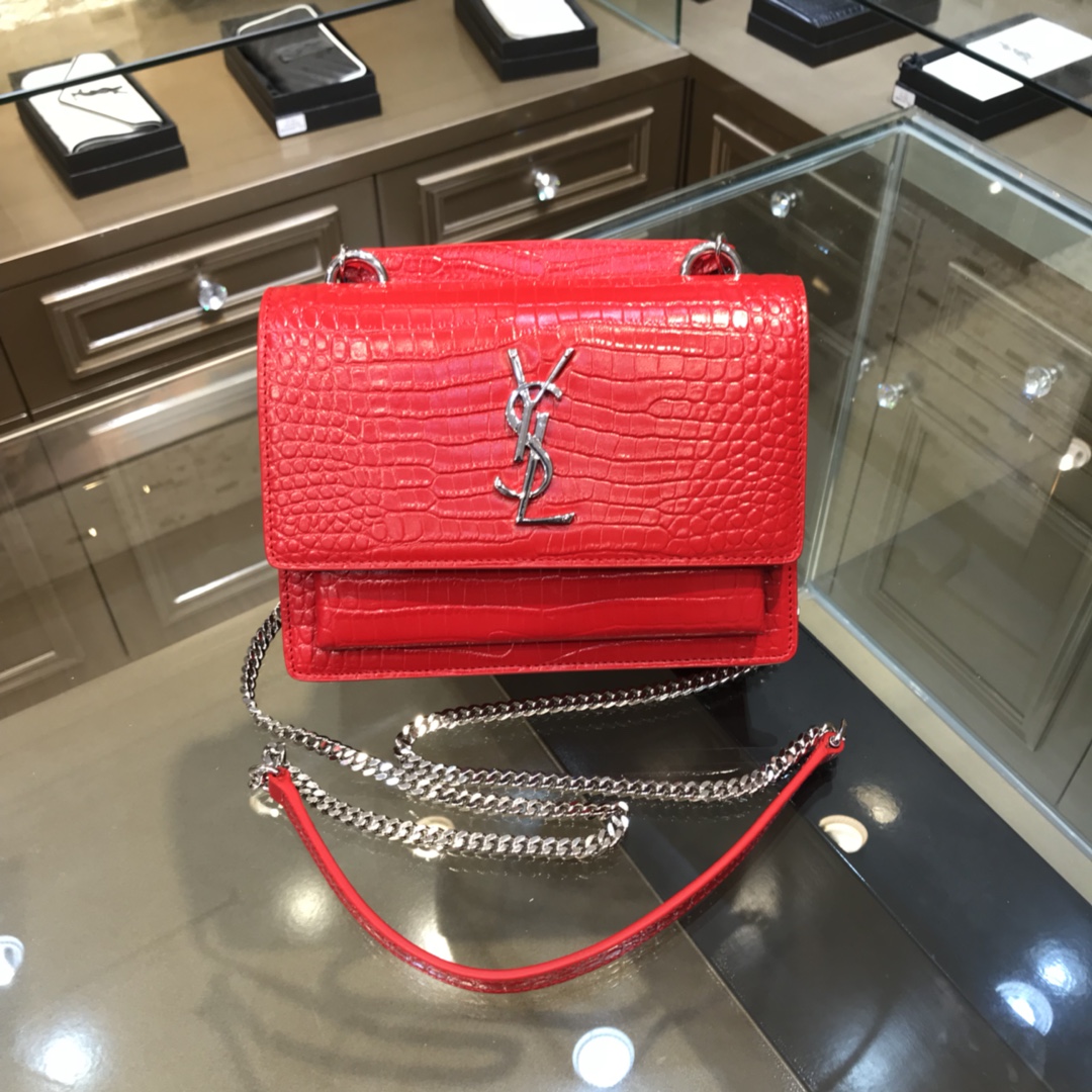 Saint Laurent Sunset Crocodile Embossed Calfskin Handbag Shoulder Bag Red 533026